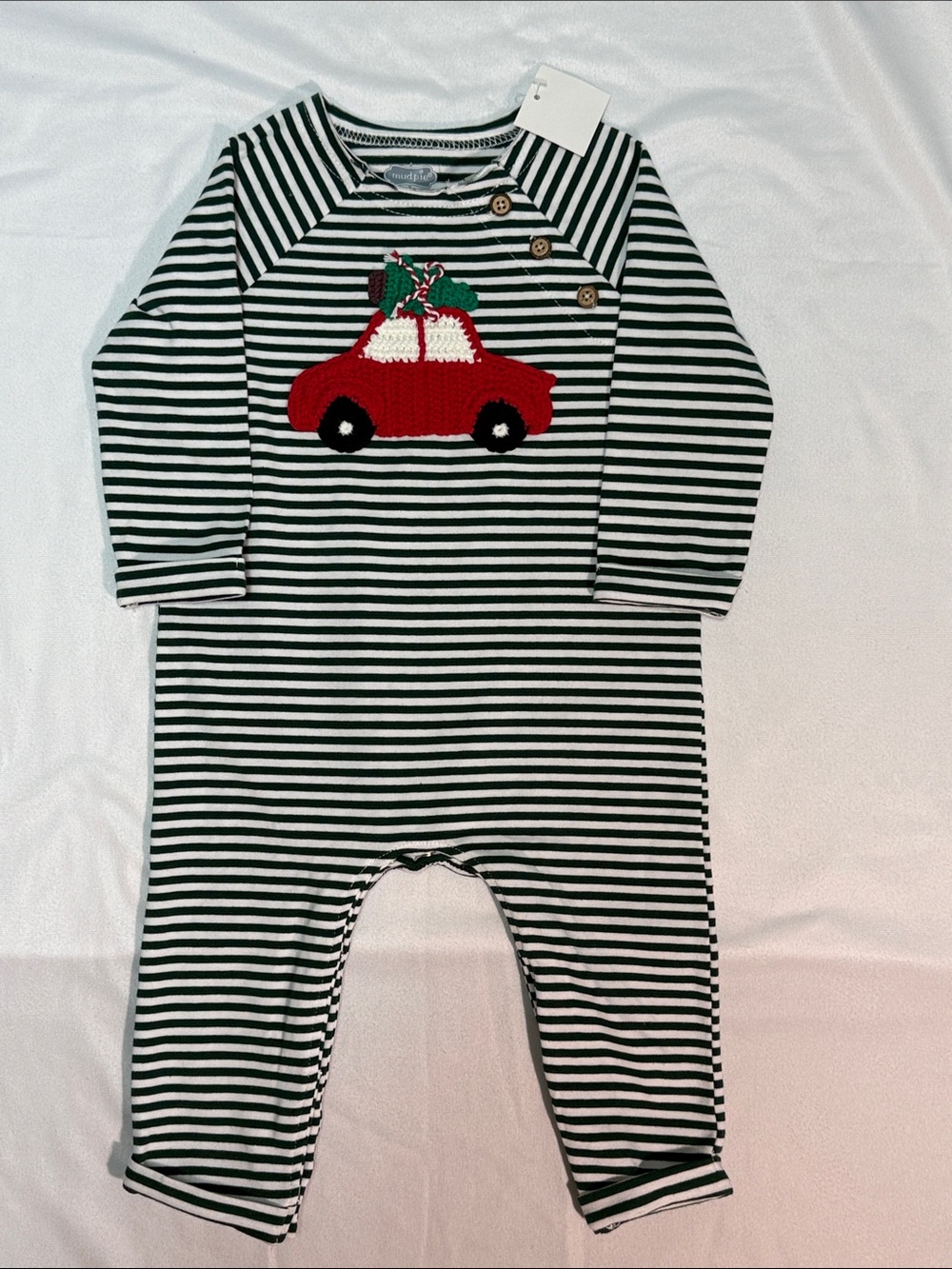 Mud Pie Green & White Striped One-Piece with Red Car crochet Applique Christmas